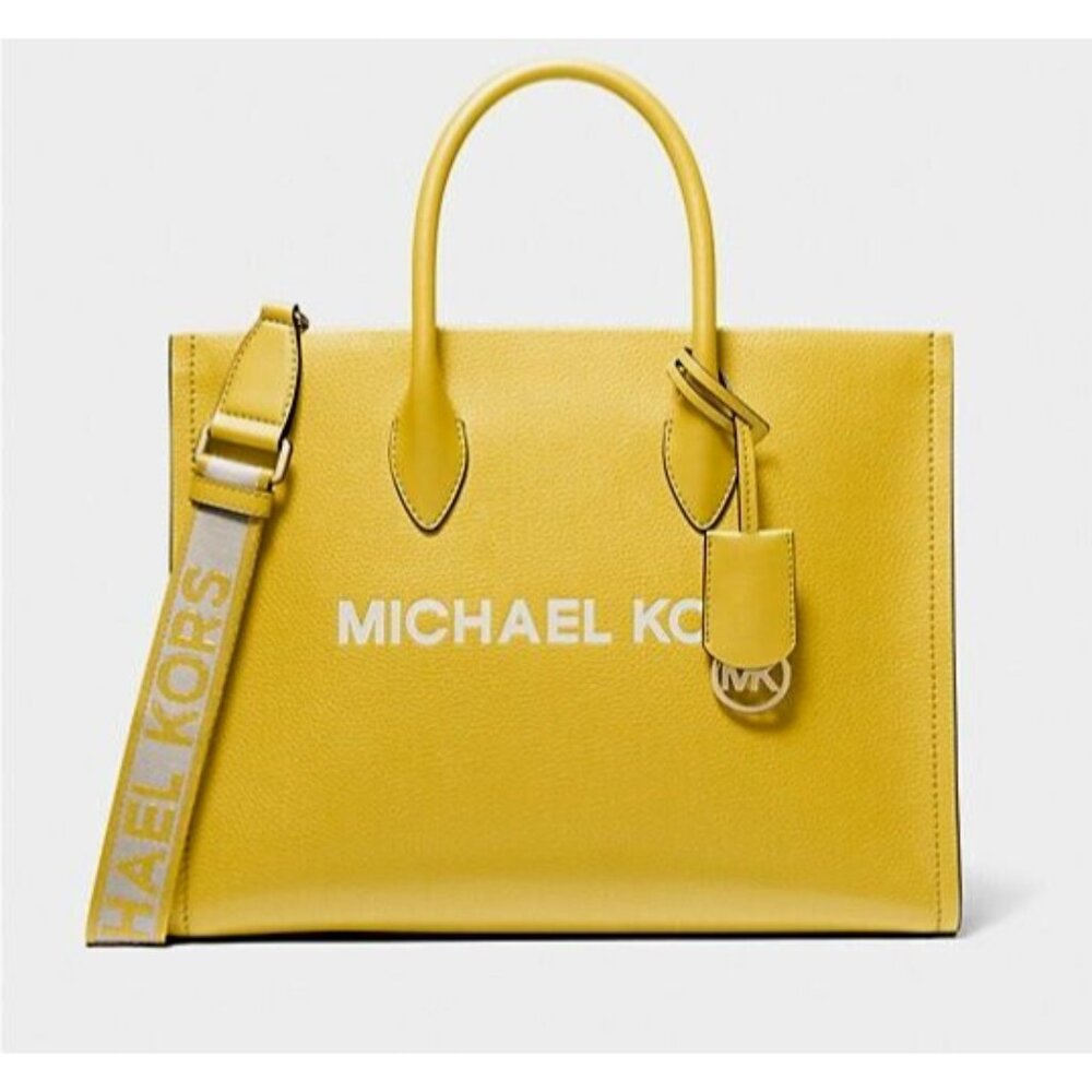New Michael Kors Mirella Medium Pebbled Leather Tote Bag Golden Yellow